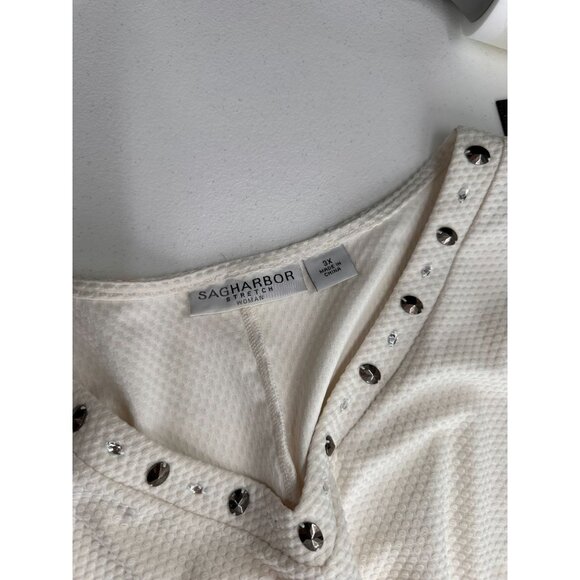 Sag Harbor Stretch Knit Top Studded Neckline Ivory Textured Size 3X Waffle Knit - Picture 2 of 7